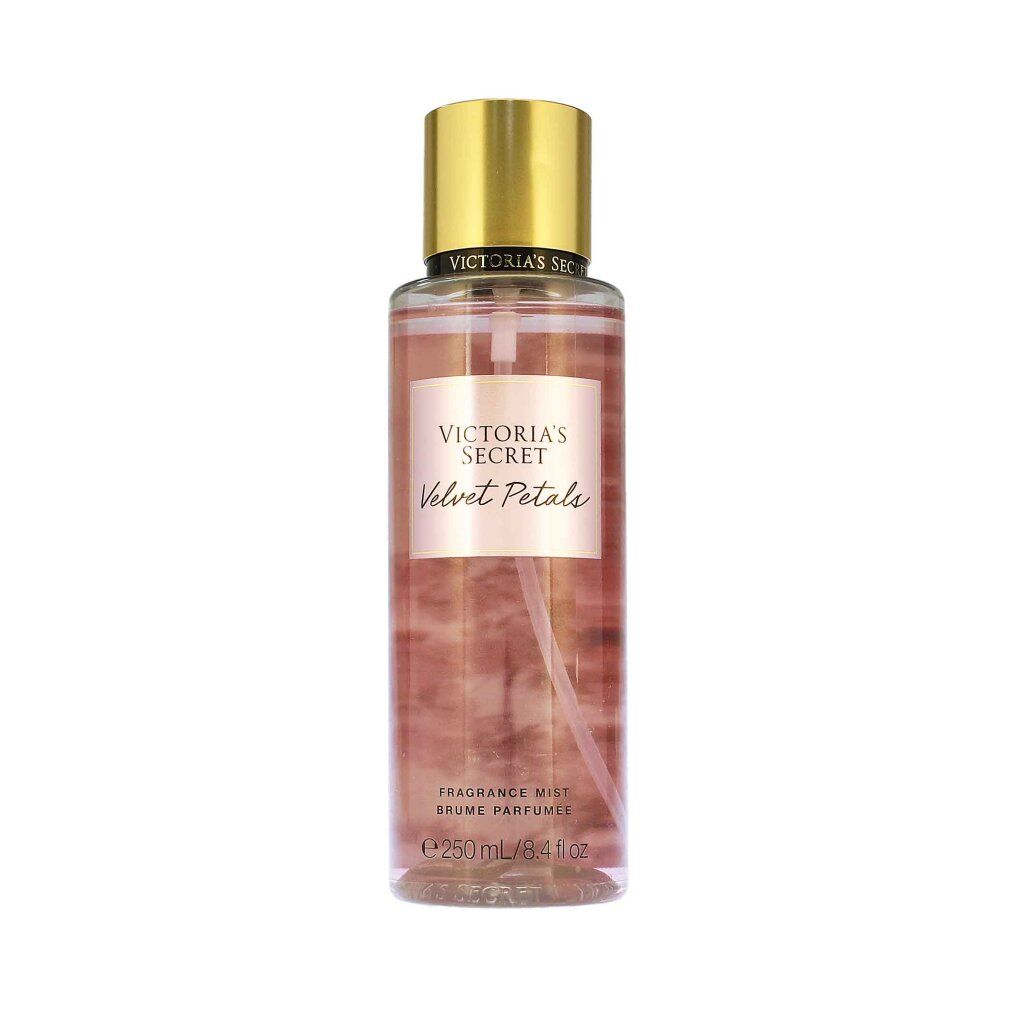Body mist fles, Victoria's Secret Velvet Petals, 250ml. Gouden dop, roze vloeistof.