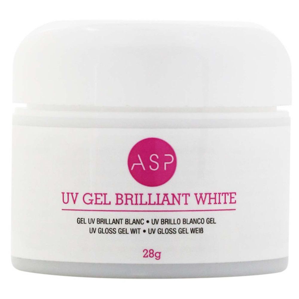 Pot blanc avec logo ASP et inscription UV Gel Brilliant White. Contient 28g. Désignations multilingues du produit.
