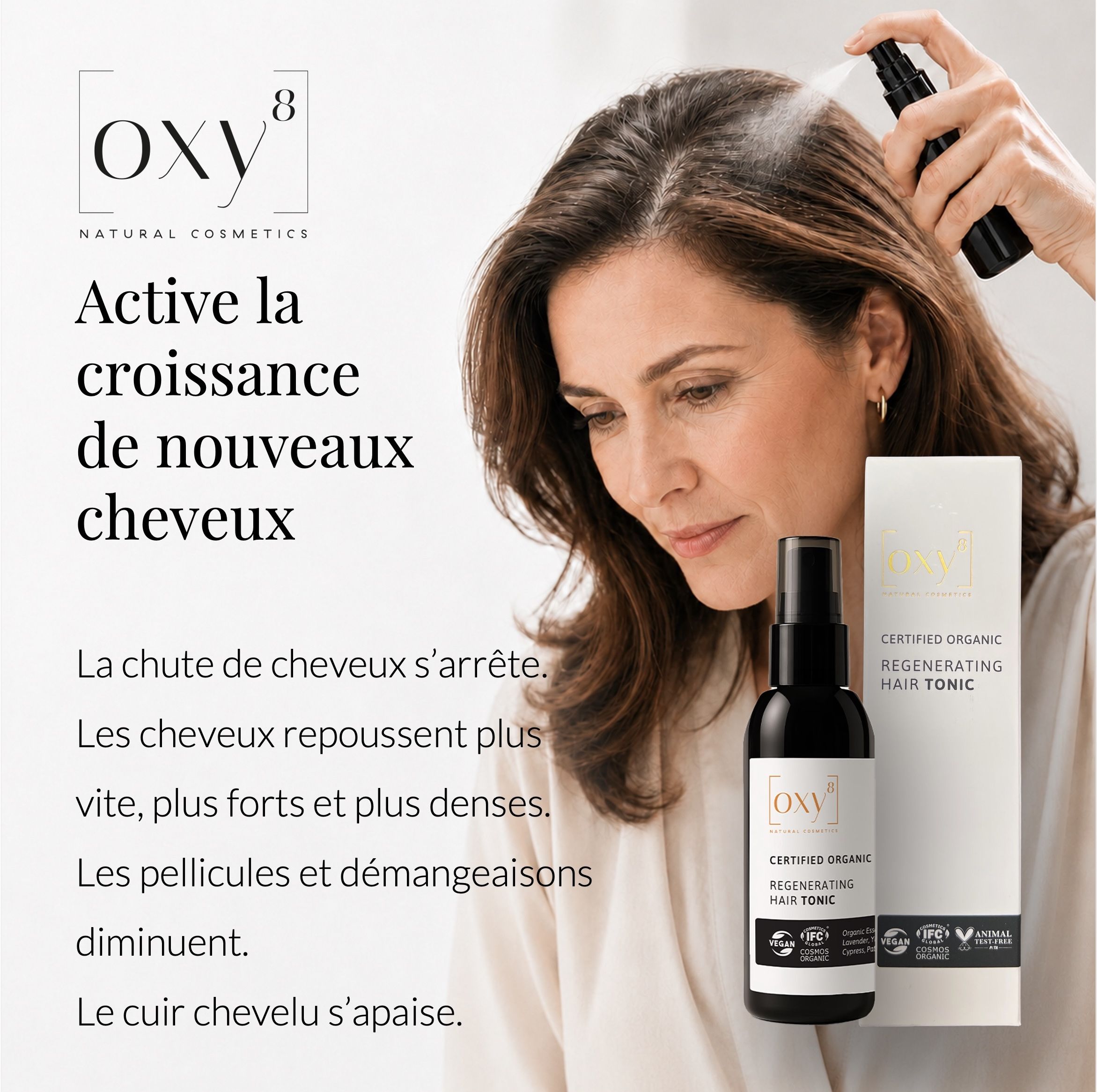 Femme vaporisant un tonique capillaire. Produit et emballage visibles. Texte: Active la croissance.