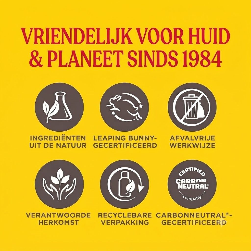 Symbolen voor natuurlijke ingrediënten, Leaping Bunny-certificering, afvalvrije werkwijze, verantwoorde herkomst, recyclebare verpakking en CO2-neutraliteit.