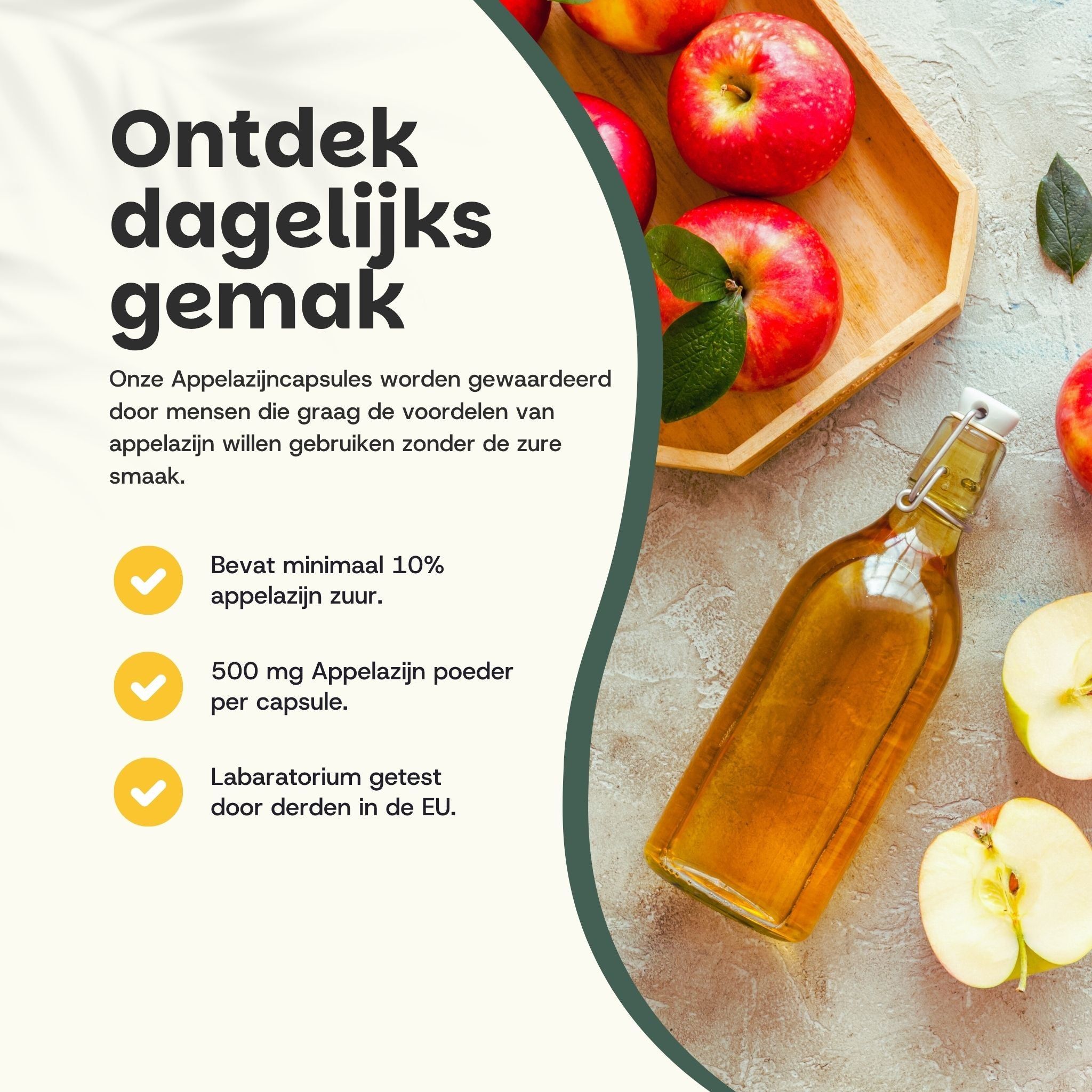 Advertentie met tekst en capsule. Tekst: Appelazijn Capsules. Capsule met poeder.
