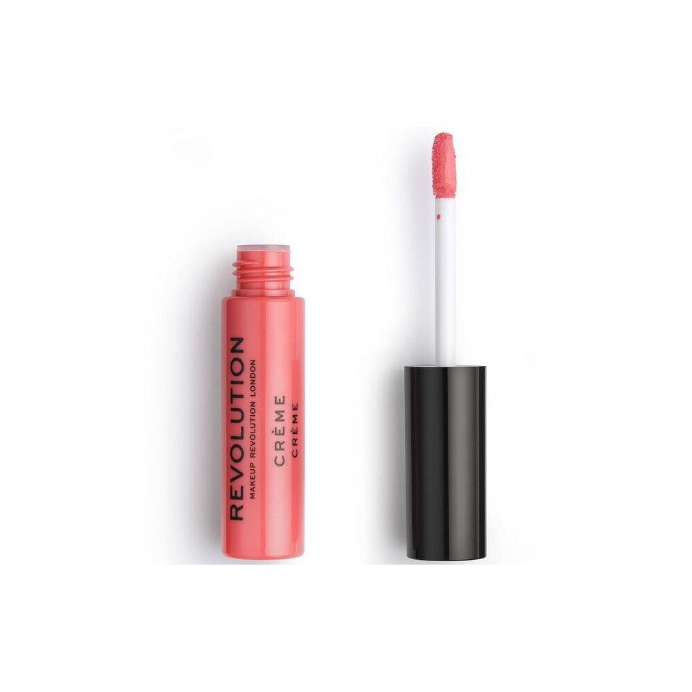 Makeup Revolution Crème Lipstick. Roze lipstick tube en applicator. Zwarte dop. Productnaam en merk op de tube.