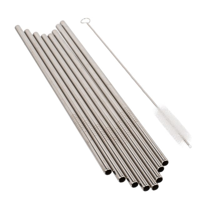 Pailles métalliques argentées et brosse de nettoyage. Plusieurs pailles côte à côte. Brosse avec tête en poils blancs.