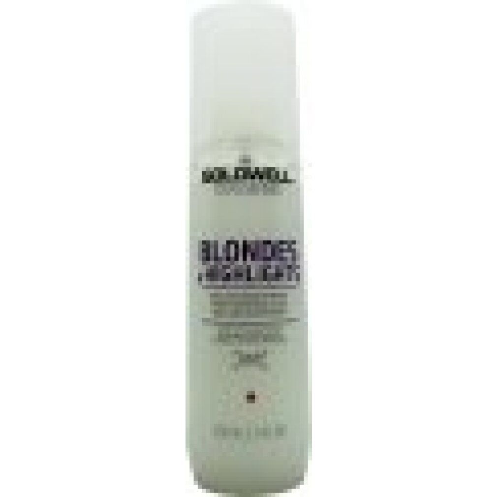 Goldwell Dualsenses Blondes & Highlights Serum Spray. Flacon blanc avec vaporisateur. Nom du produit et logo visibles.