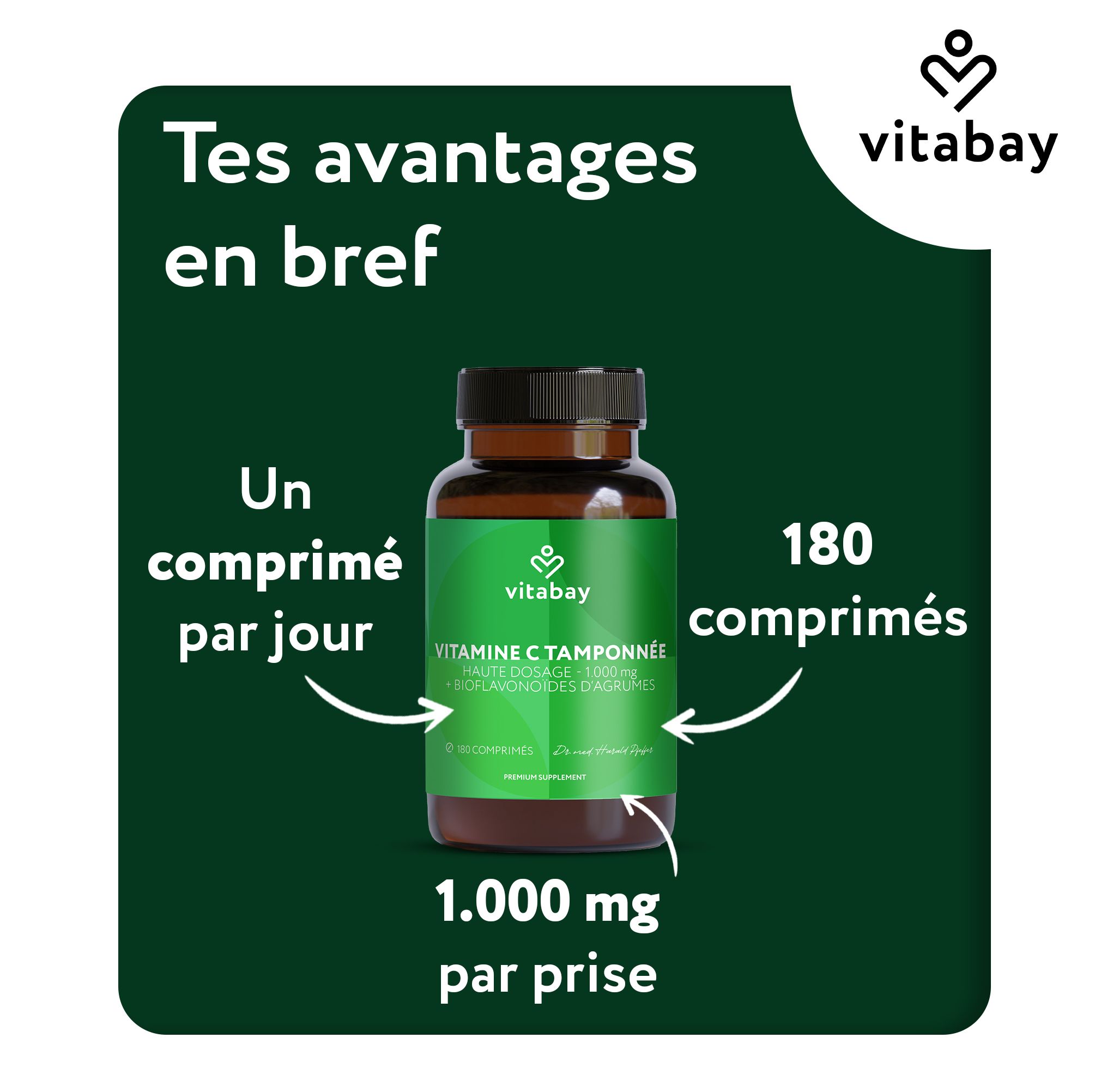 Bouteille Vitamine C Vitabay 1000 mg, verso avec informations et drapeaux.