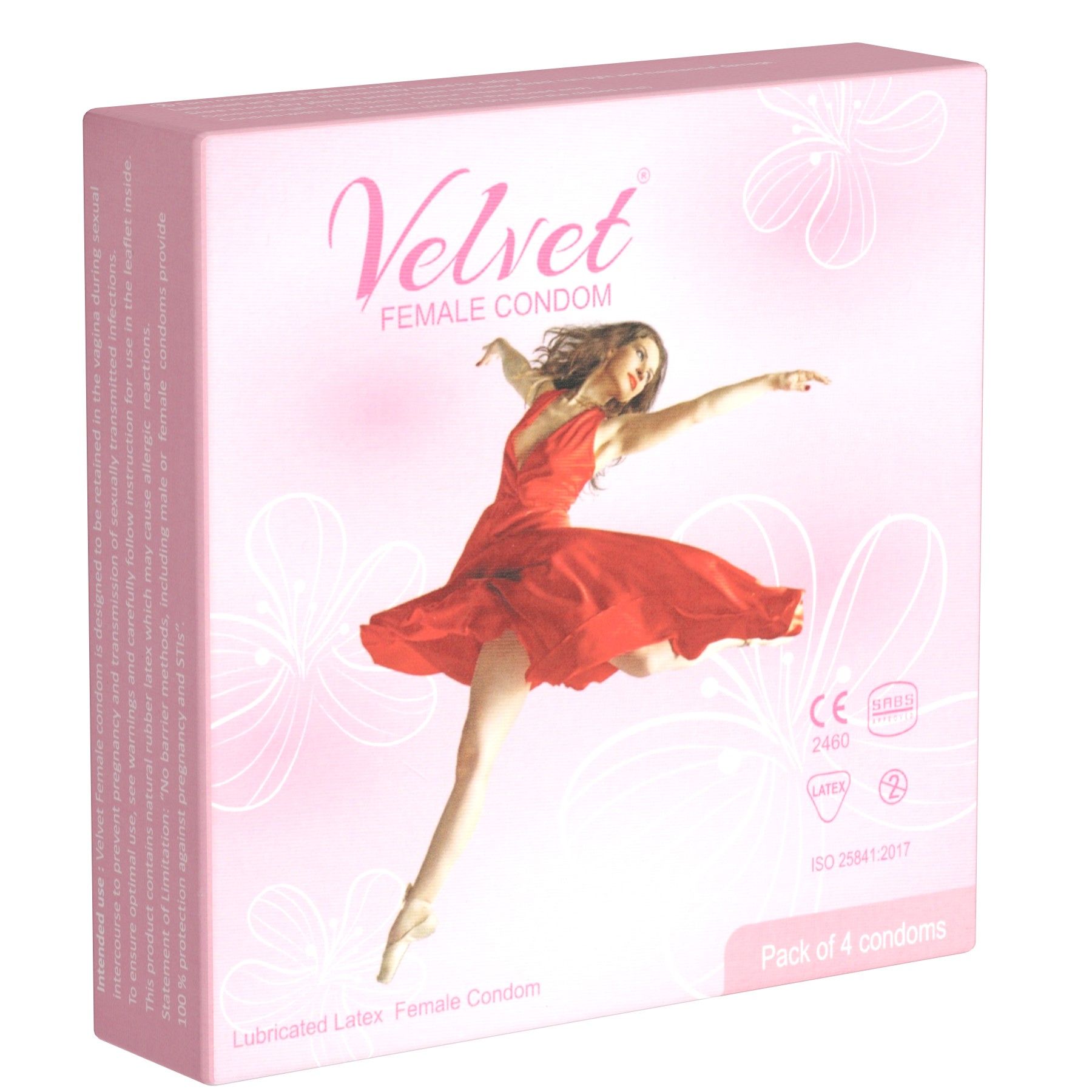 Roze verpakking van Velvet Female Condom. Afbeelding van een vrouw in rode jurk. Verpakking van 4 condooms. CE-markering.