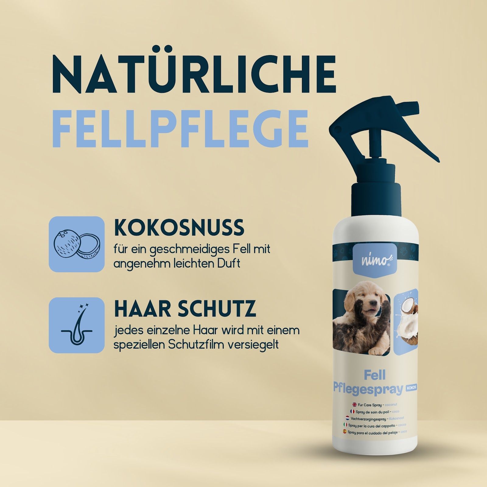 nimo® spray de soin du pelage à la noix de coco pour chiens et chats