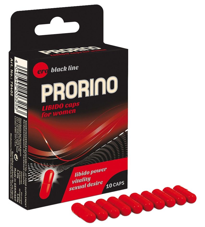 PRORINO LIBIDO caps for women verpakking met 10 capsules en verspreide capsules.
