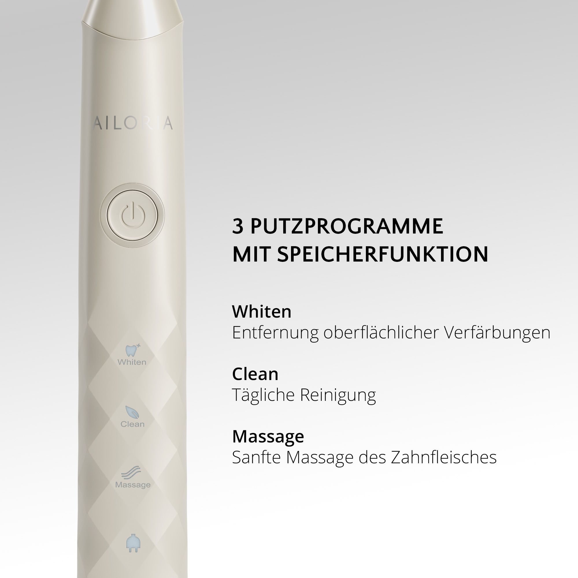 Brosse à dents avec trois programmes : Whiten, Clean, Massage. Texte en allemand.