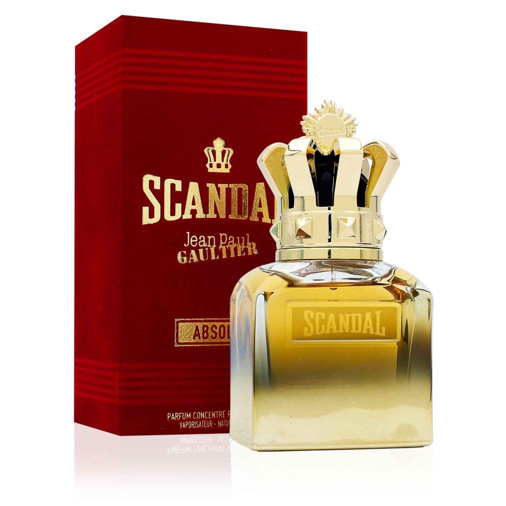 Flacon de parfum avec couronne dorée et boîte rouge. Inscription: Scandal Absolu.