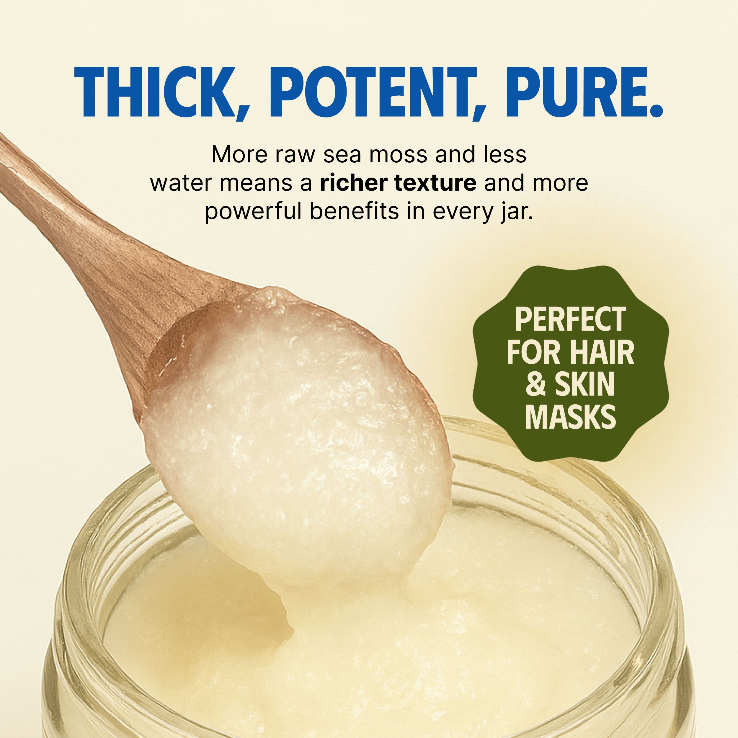 Pot Sea Moss Gel, lepel met gel. Tekst: Thick, Potent, Pure. Perfect for Hair & Skin Masks. Rijkere textuur.