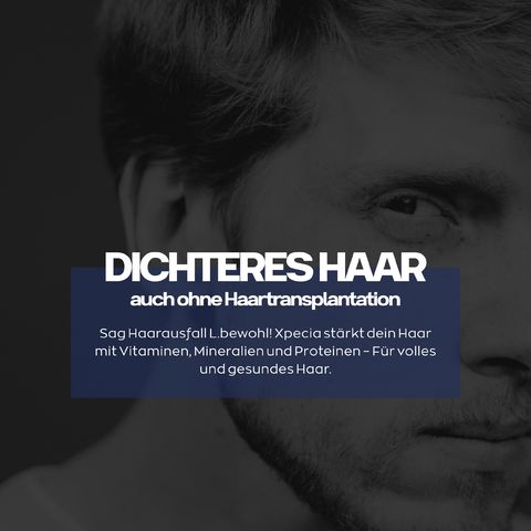 Man, hand op hoofd. Tekst: Dichter haar zonder transplantatie. Vitaminen, mineralen, eiwitten.