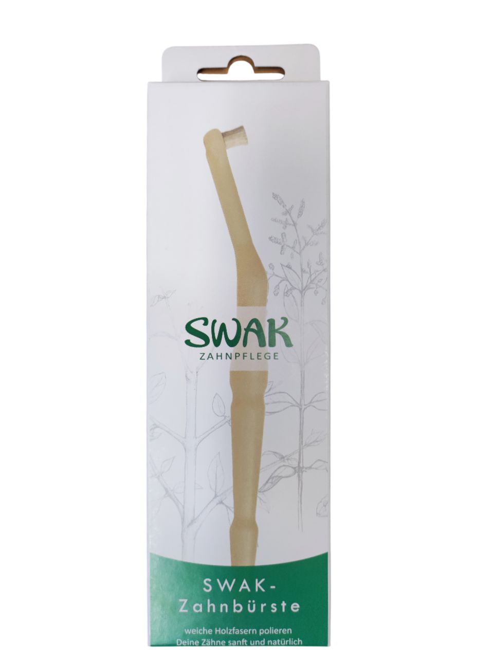 Productverpakking met tandenpoetstokje. Op de verpakking staat 'SWAK ZAHNPFLEGE'.