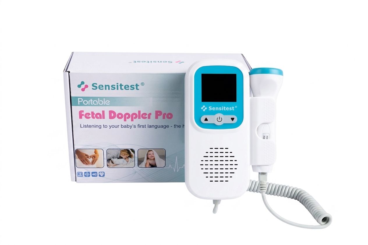 Doppler Fetal Sensitest Pro avec écran et sonde à ultrasons. Appareil blanc avec accents bleus.