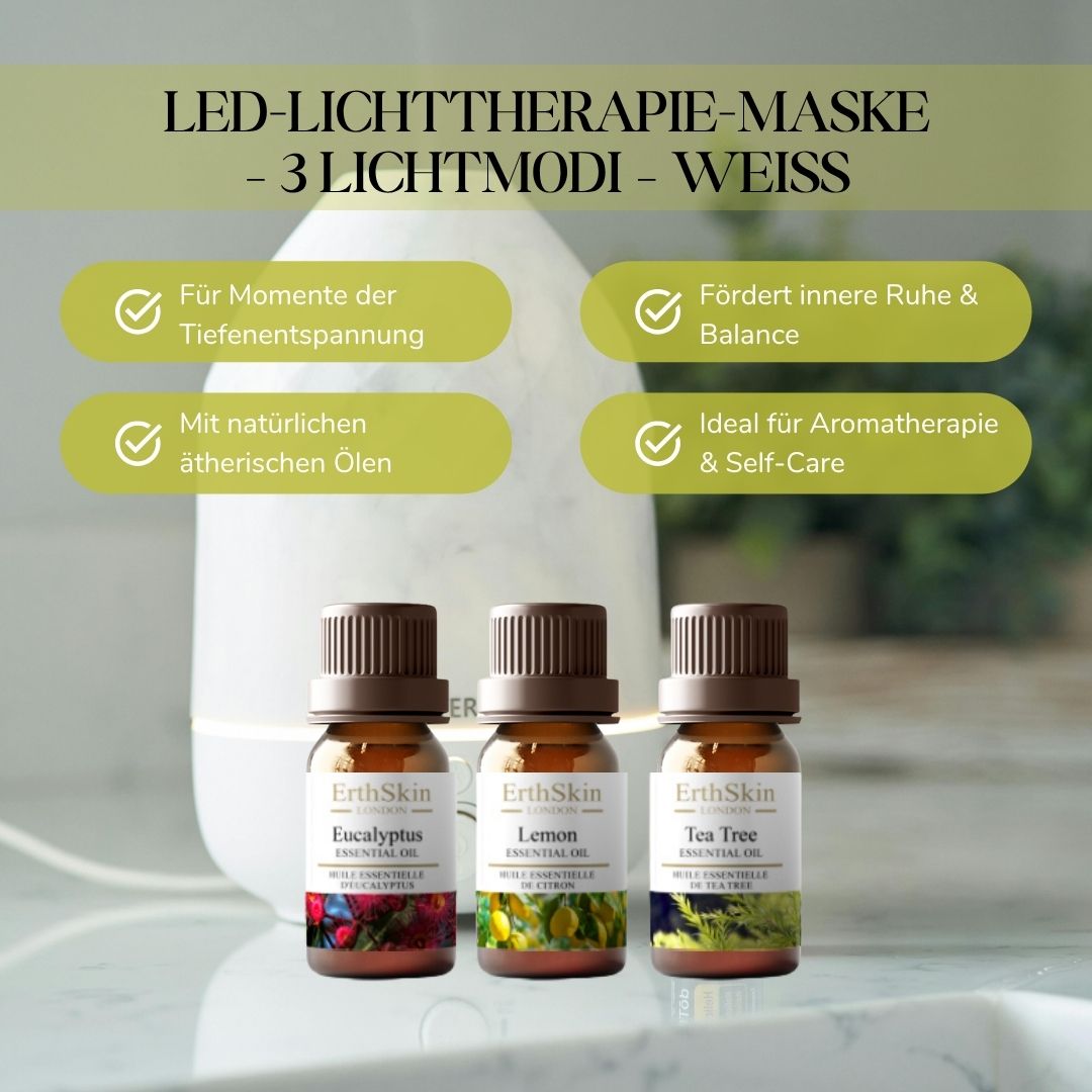 Trois flacons d'huiles essentielles devant un diffuseur blanc. Nom et logo du produit sur les flacons.