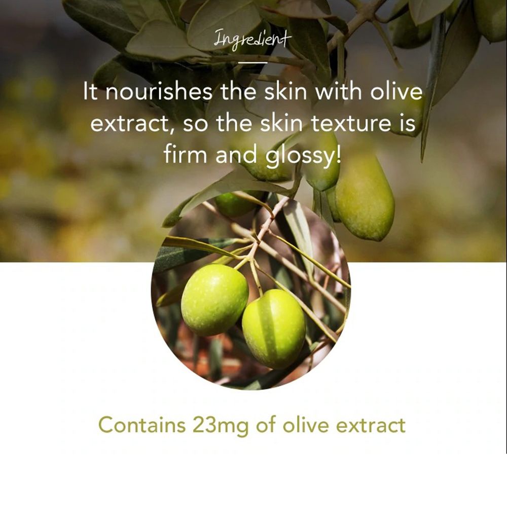 Gros plan sur des olives sur une branche. Texte: Contient 23mg d'extrait d'olive. Titre: Ingrédient. Texte: Nourrit la peau avec l'extrait d'olive.