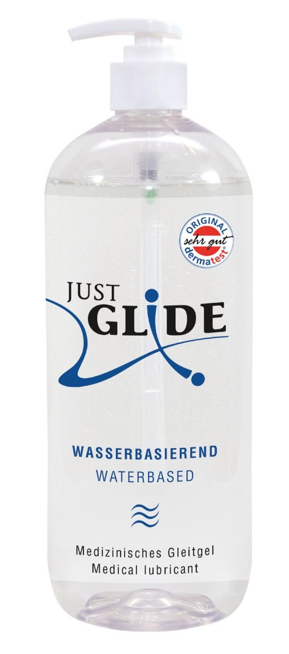Transparante fles met pomp. Opschrift: JUST GLIDE, waterbasis, medische glijmiddel. Zegel.