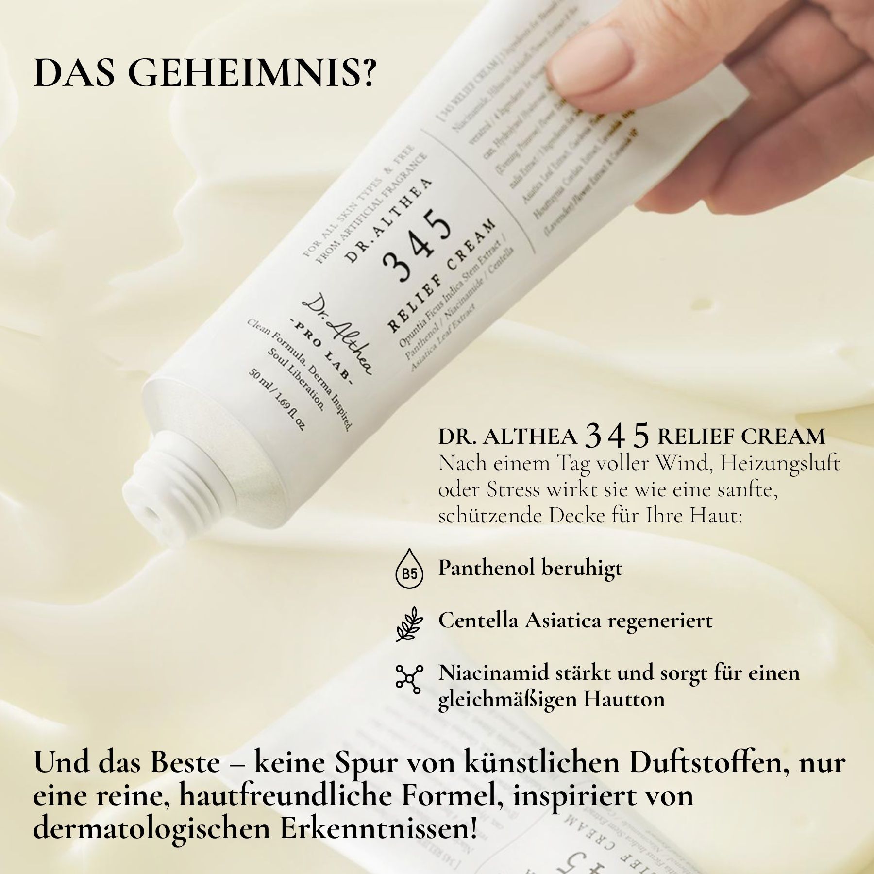 Tube Dr. Althea 345 Relief Cream. Product wordt op een oppervlak aangebracht. Tekst: Panthenol kalmeert, Centella Asiatica regenereert.