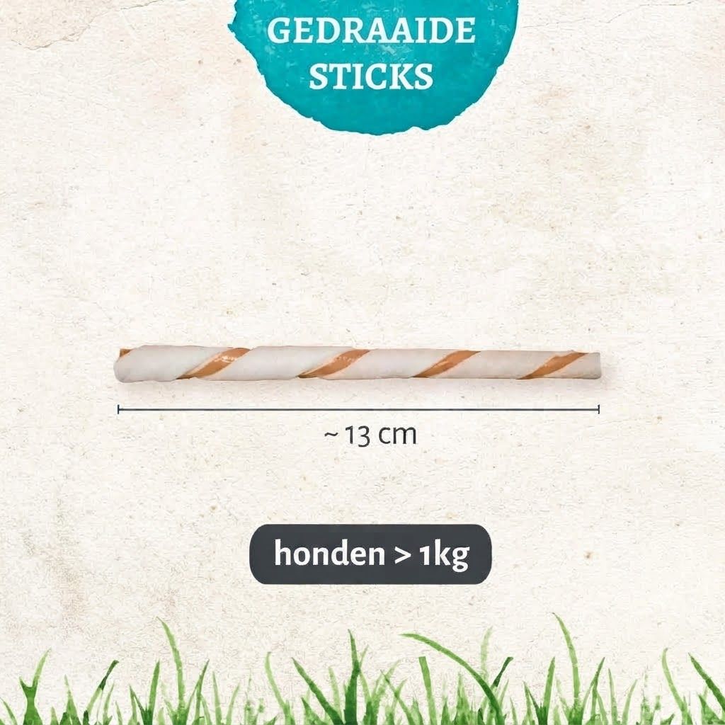 Gedraaid hondenbotje, circa 13 cm lang, met bruine strepen.