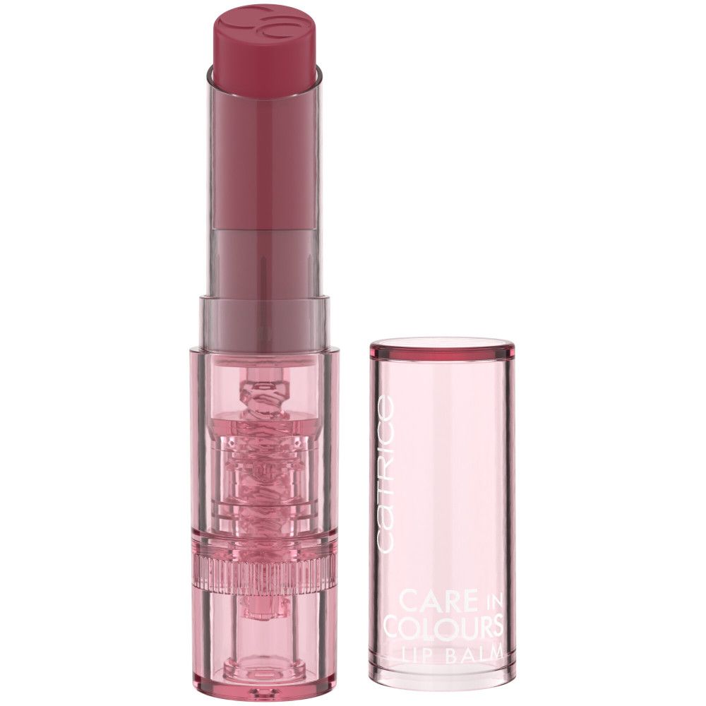 Baume à lèvres, étui transparent, couvercle retiré. Nom du produit et marque visibles : Catrice Care in Colours Lip Balm.