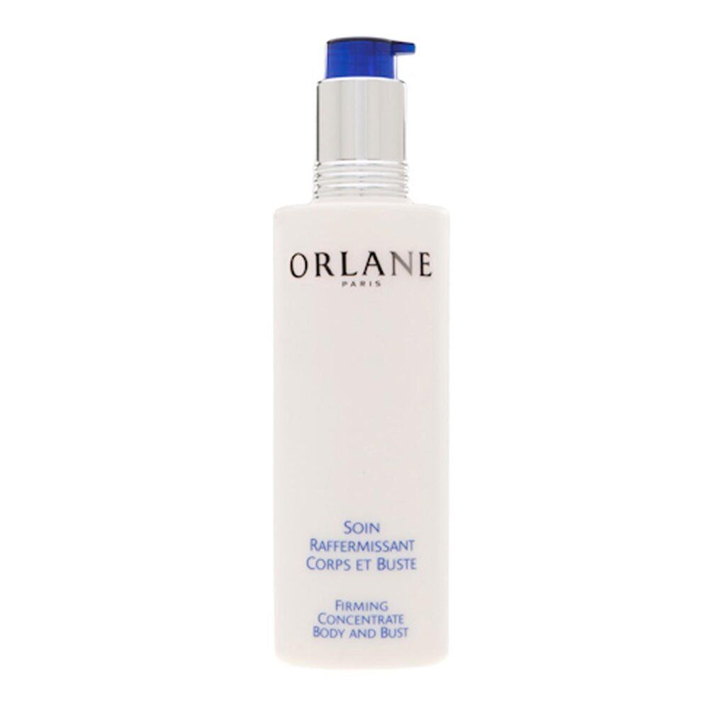 Flacon blanc avec pompe, inscription Orlane Paris, "SOIN RAFFERMISSANT CORPS ET BUSTE" et "FIRMING CONCENTRATE BODY AND BUST".