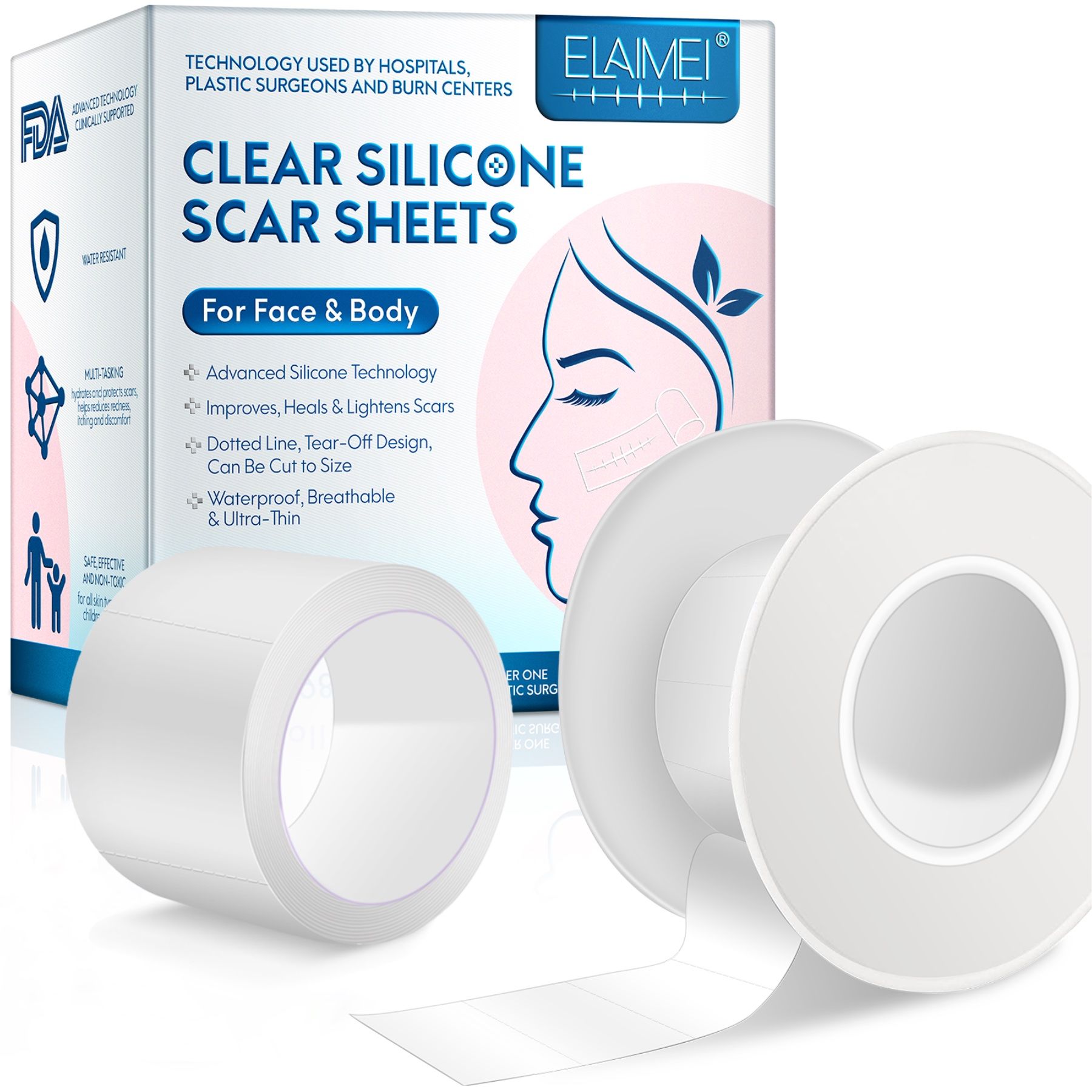Twee rollen transparante siliconen pleisters. Verpakking met productinformatie. Merk: ELAIMEI. Opschrift: Clear Silicone Scar Sheets.
