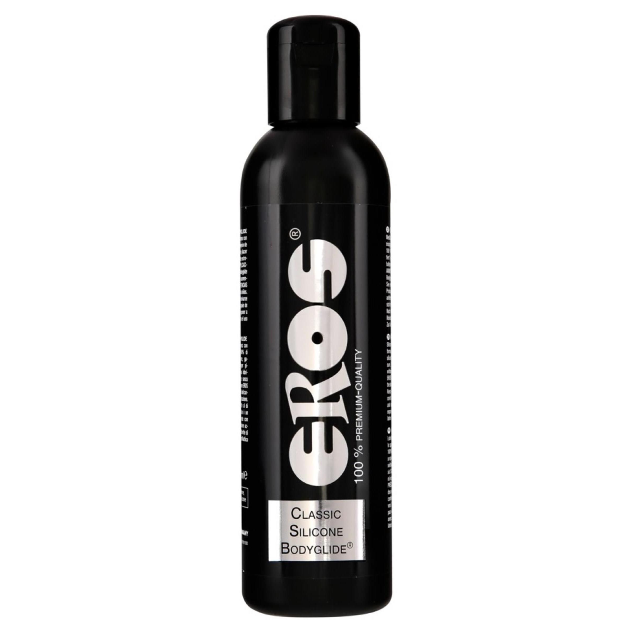 Zwarte fles met zwarte dop. Opschrift: EROS, Classic Silicone Bodyglide, 100% Premium Quality.