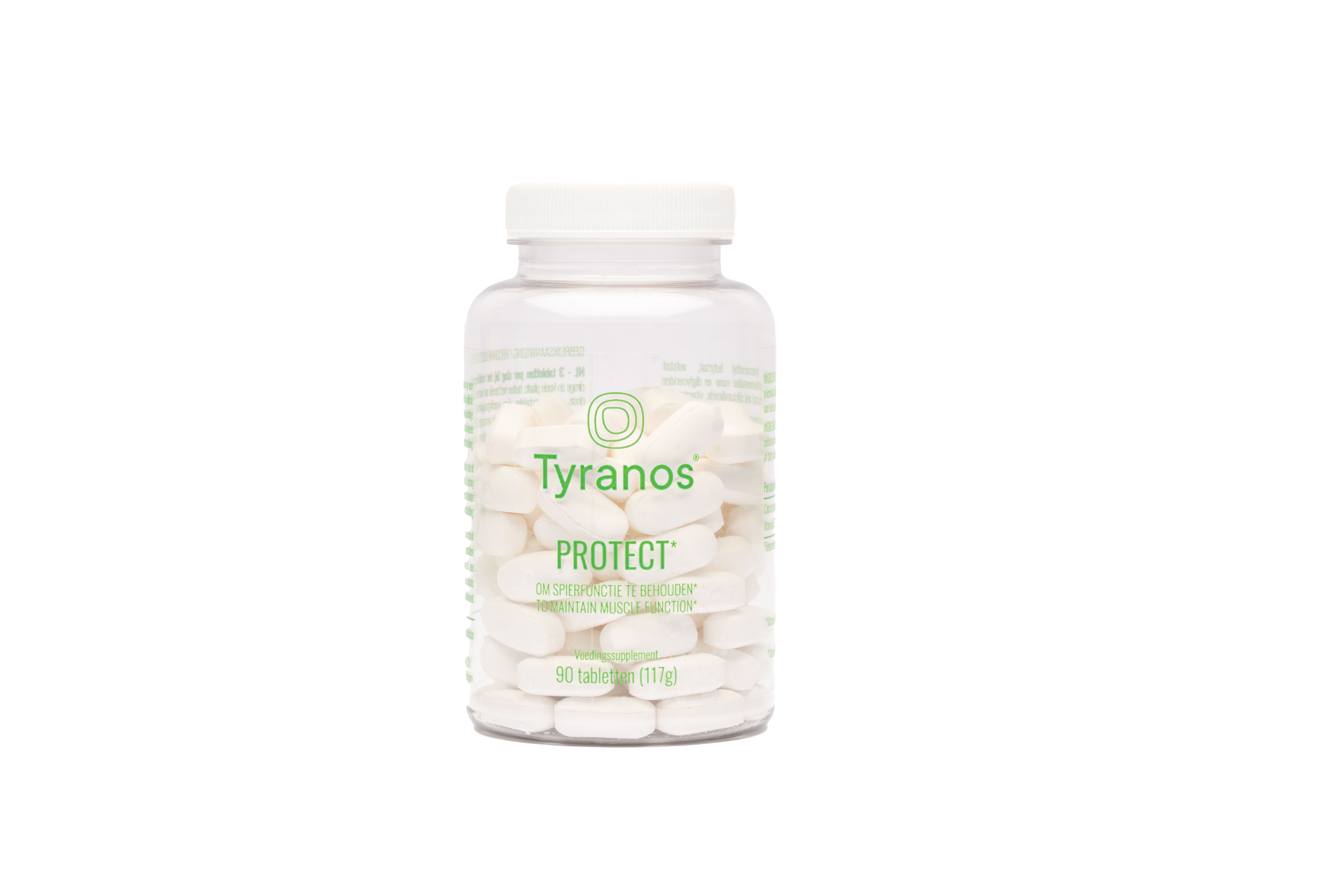 Transparante plastic fles met witte tabletten. Opschrift "Tyranos Protect". Witte dop. Groen etiket.