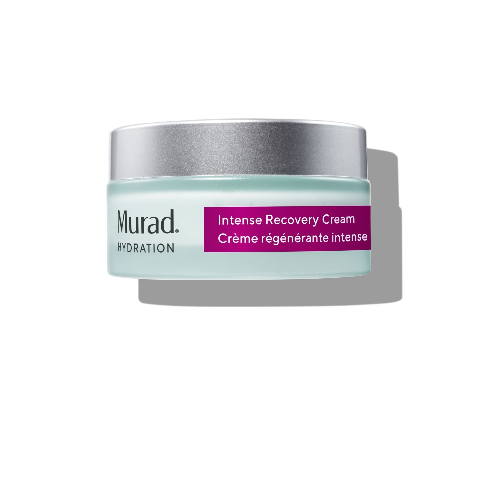 Glazen pot met zilveren deksel. Opschrift "Murad" en "Intense Recovery Cream".
