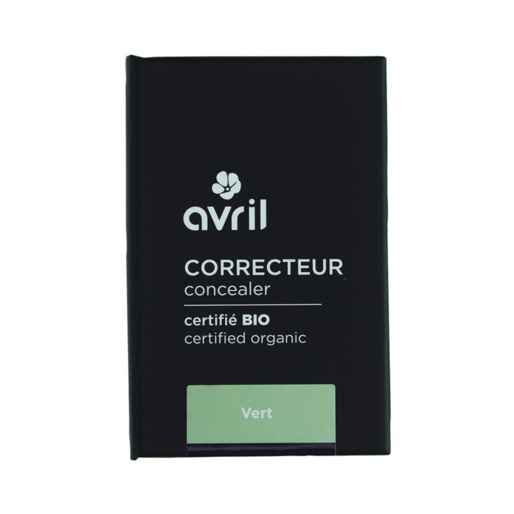 Emballage noir avec logo et texte 'Avril' en blanc. 'Correcteur' et 'certifié BIO' visibles. Zone produit verte.