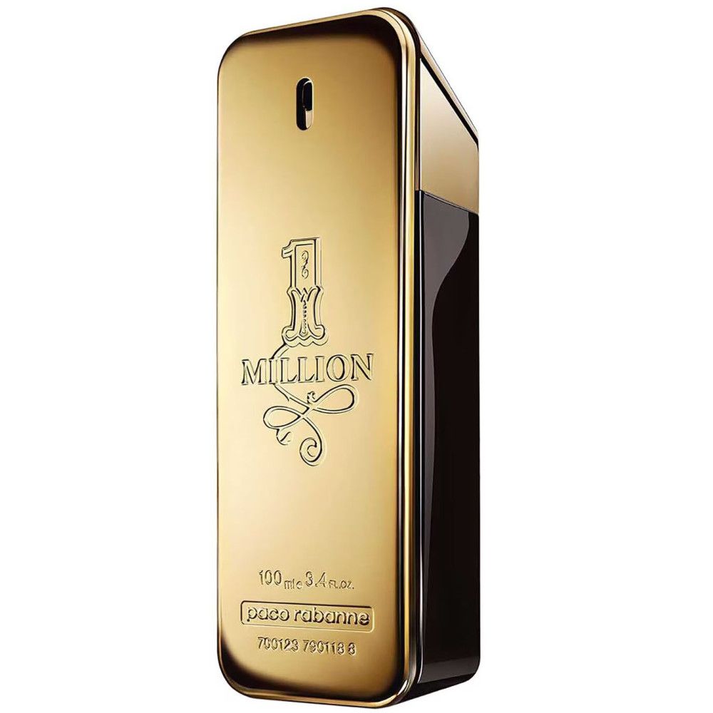 Flacon doré. Inscription: 1 MILLION, paco rabanne. Eau de Toilette.