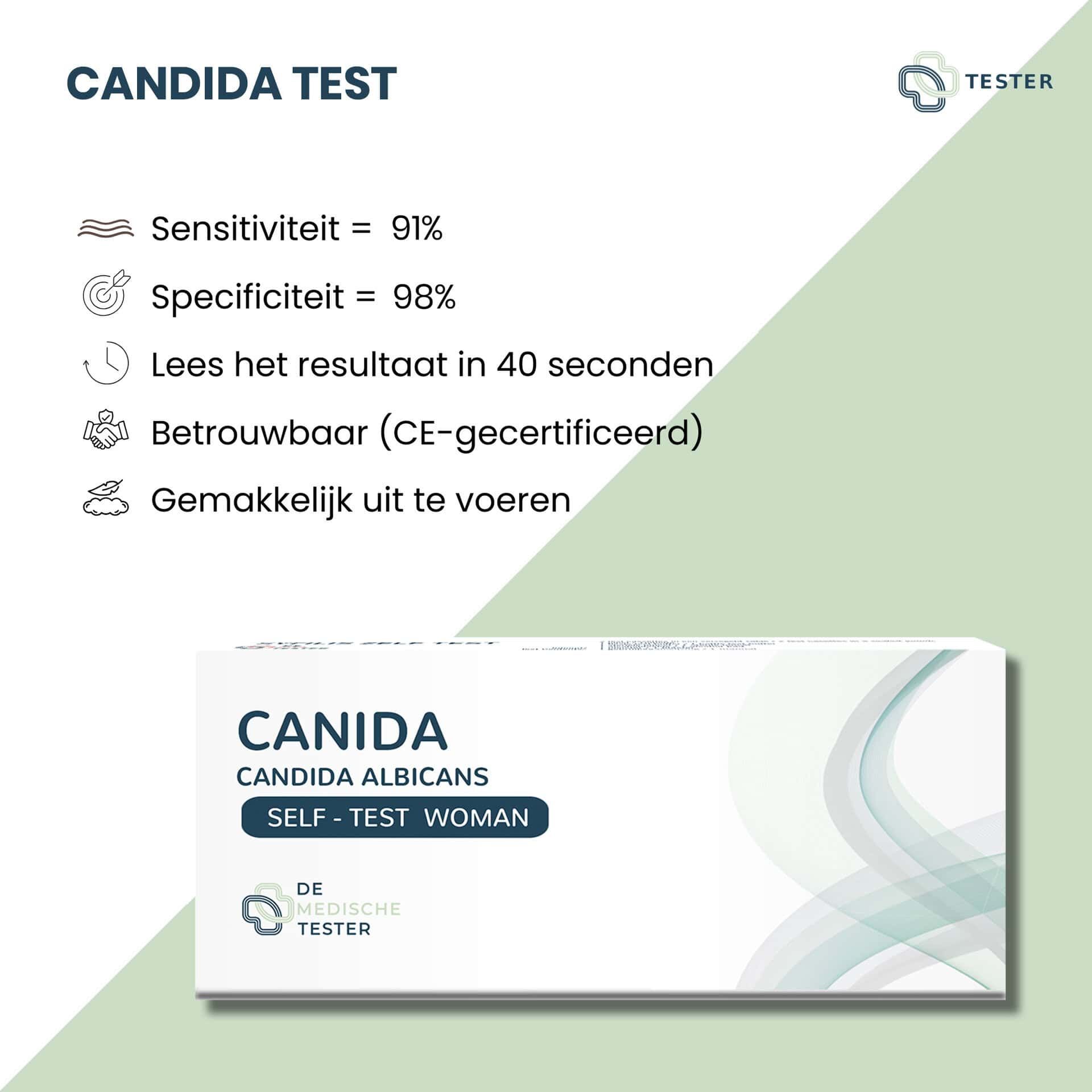Informatie over de Candida zelftest: gevoeligheid 91%, specificiteit 98%, resultaat in 40 sec., CE-gecertificeerd.
