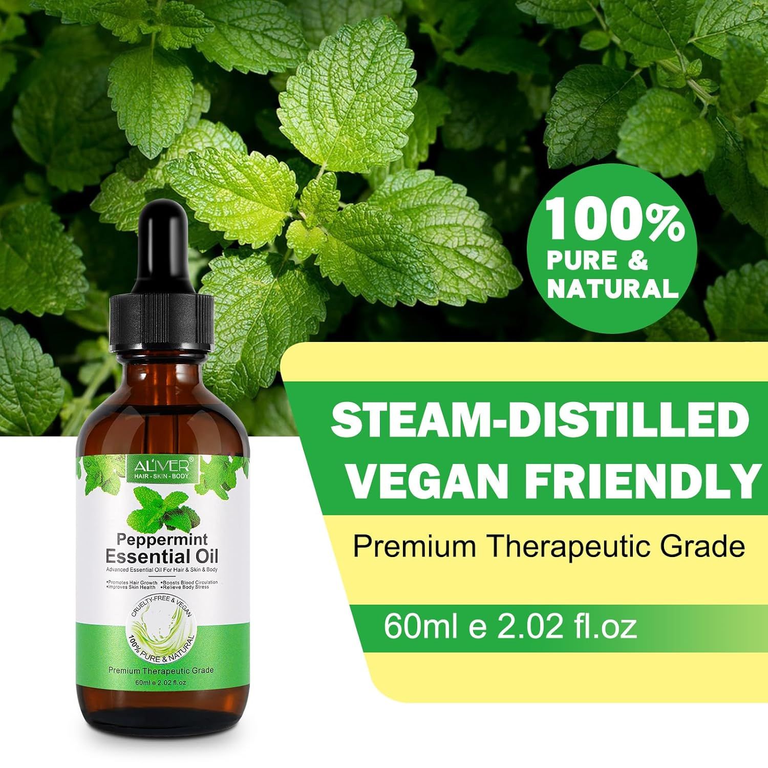 Bruine glazen fles met pipet en essentiële olie. Achtergrond met muntbladeren. Tekst: 100% Pure & Natural, Steam-Distilled, Vegan Friendly.