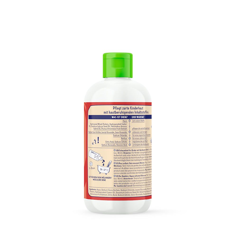 Achterkant van een witte fles met groene dop. Etiket met ingrediënten en gebruiksaanwijzing. Tekst in het Duits.