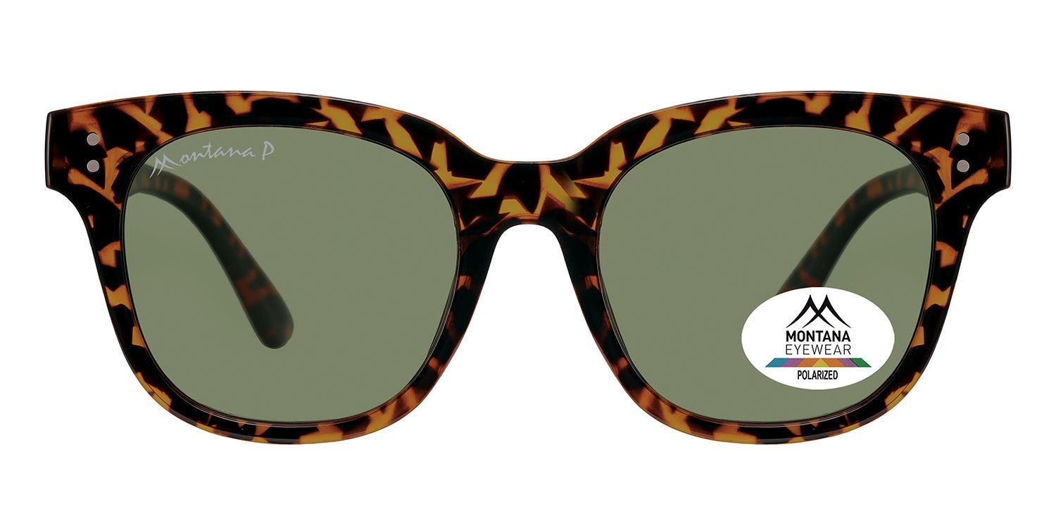 Lunettes de soleil marron à motif écaille de tortue. Verres verts. Logo Montana Eyewear et autocollant Polarized.