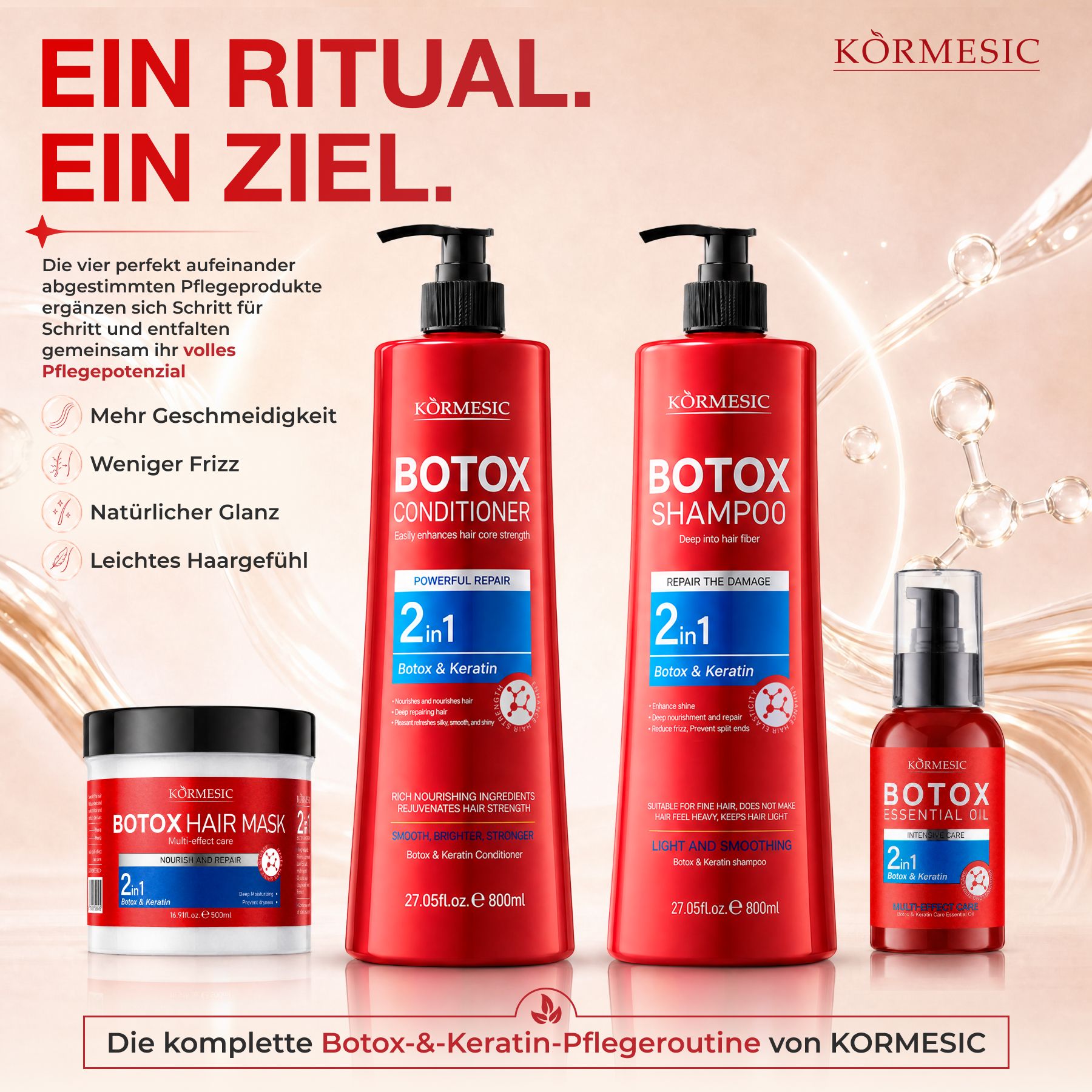 Körmesic Botox & Keratine haarverzorgingsset: shampoo, conditioner, haarmasker en olie.