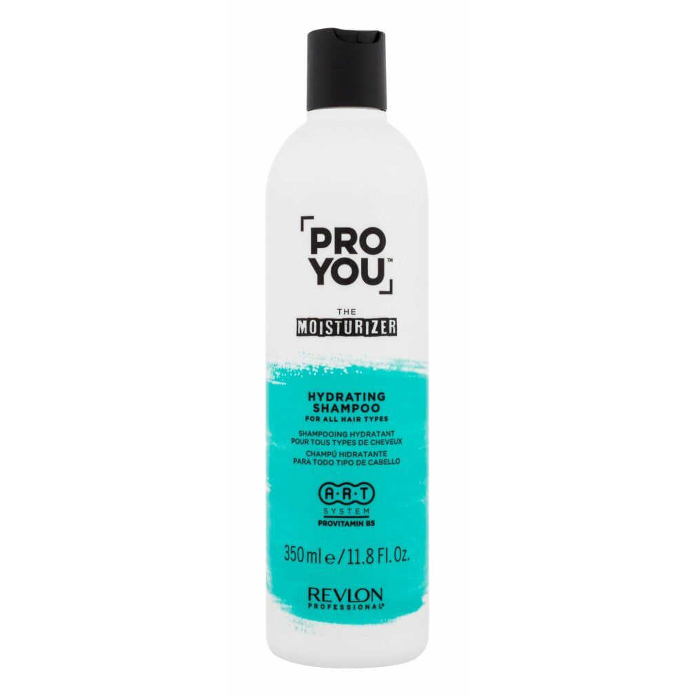 Witte shampoo fles met zwarte dop. Opschrift: PRO YOU The Moisturizer, Hydrating Shampoo. Revlon Professional.