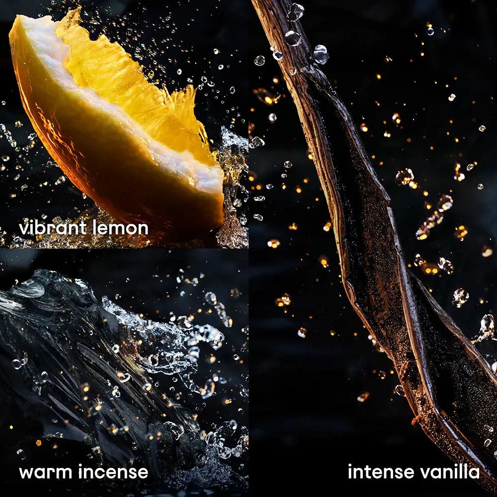 Trois images avec des ingrédients : citron, encens et vanille. Texte : "vibrant lemon", "warm incense", "intense vanilla".