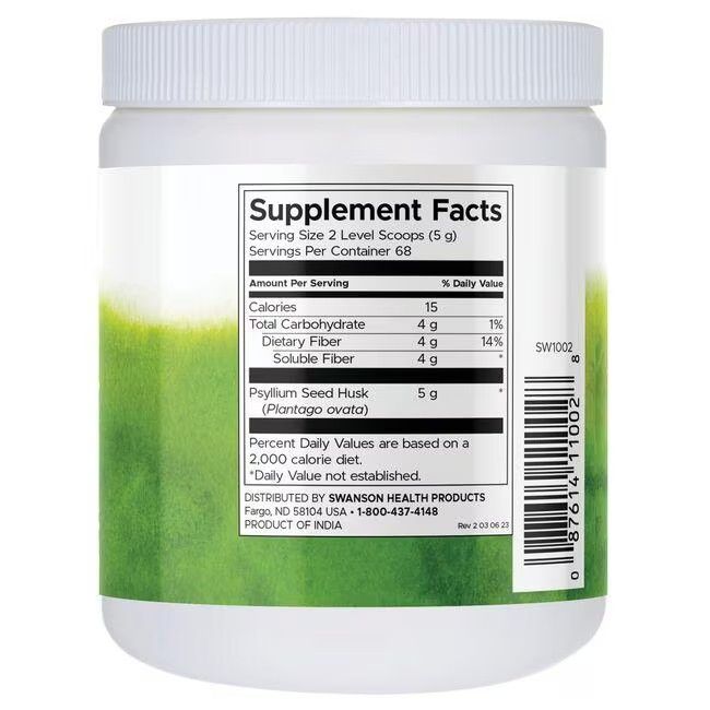 Pot blanc, dos. Inscription: Supplement Facts, informations nutritionnelles, Psyllium Seed Husk (Plantago ovata), 5 g.