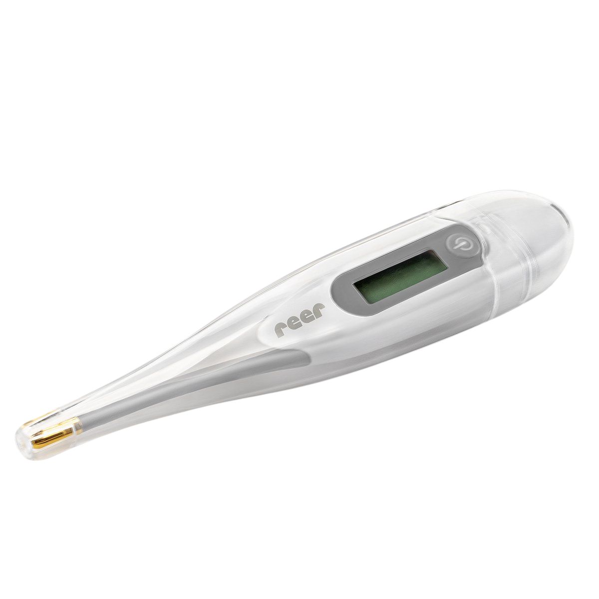 Thermomètre numérique avec étui. Boîtier blanc, poignée grise, écran, pointe dorée. Marque : reer.