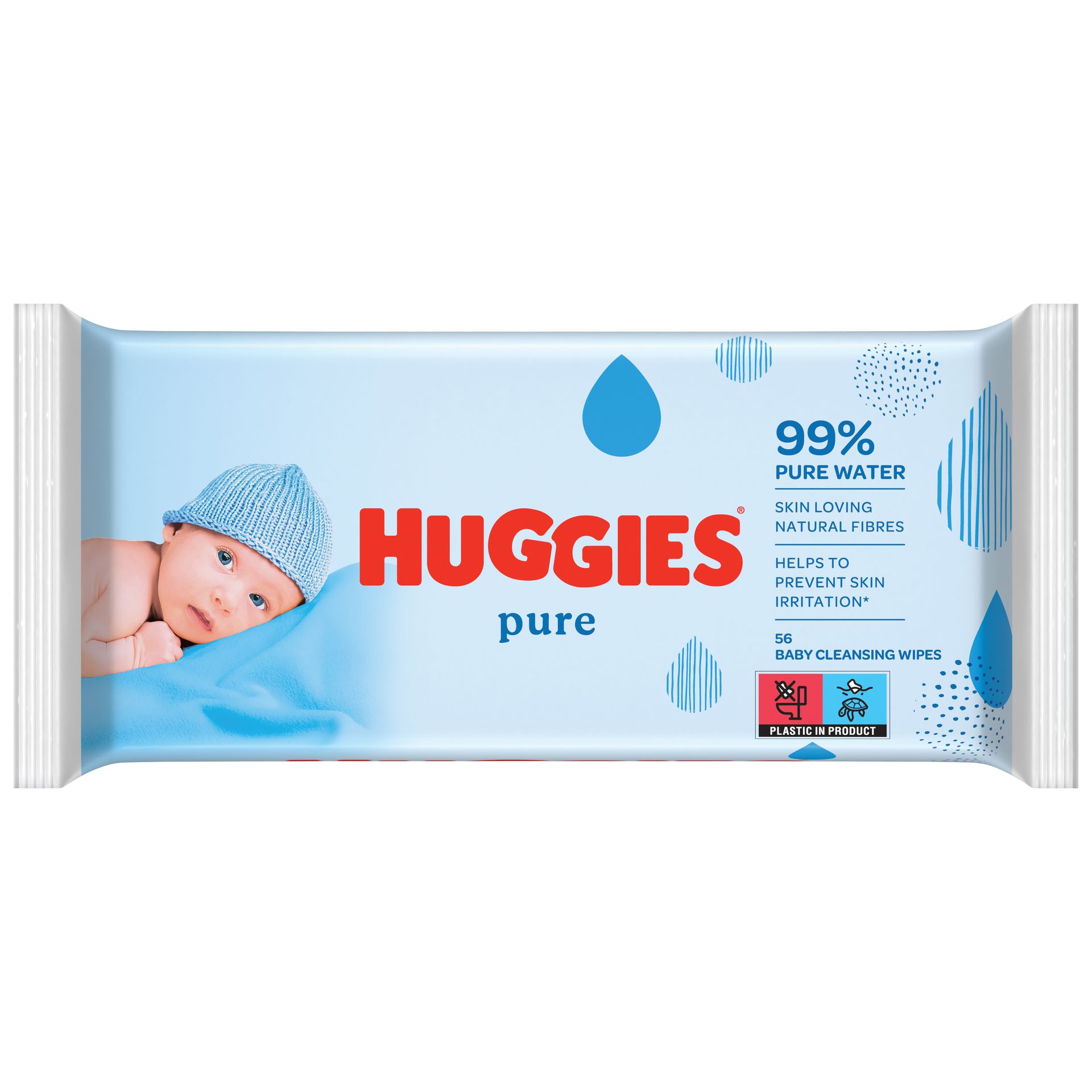 Lingettes Huggies Pure. Emballage bleu avec illustration de bébé. Contient 99% d'eau et fibres naturelles. 56 lingettes.