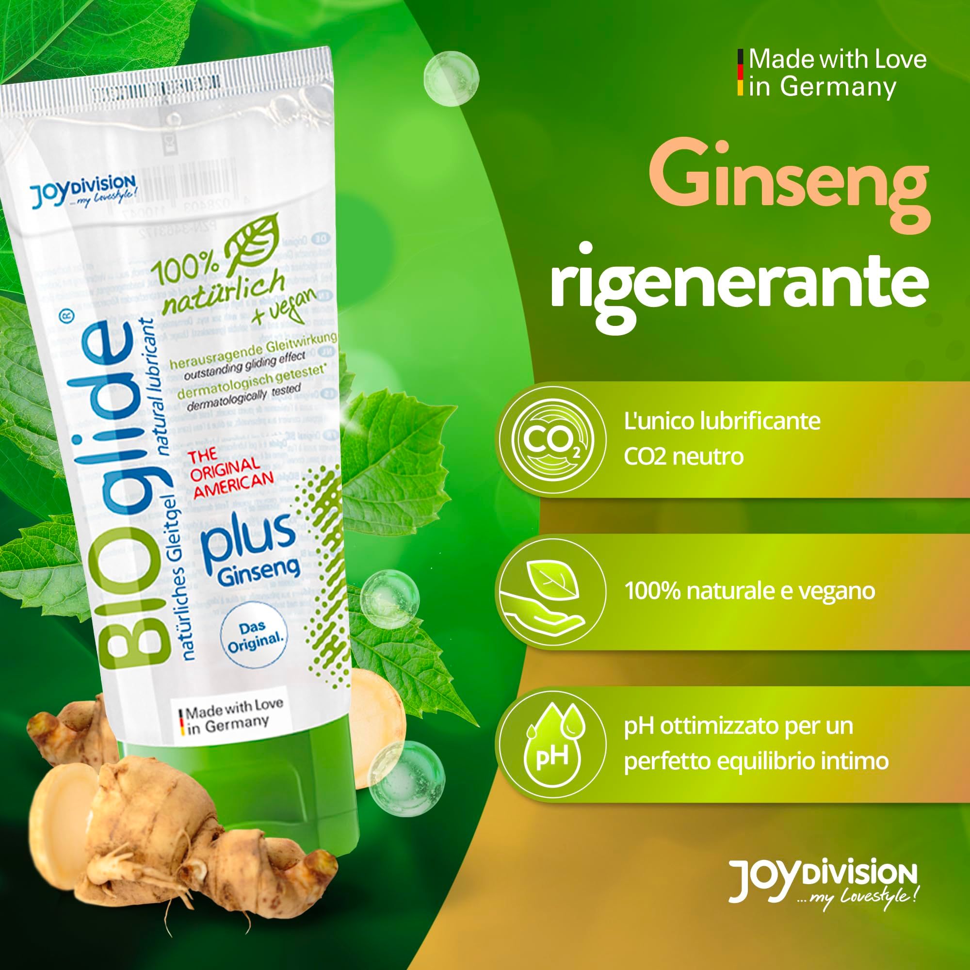 Tube Joydivision BIOglide plus Ginseng lubrifiant. "Made with Love in Germany". CO2 neutre, 100% naturel + vegan.