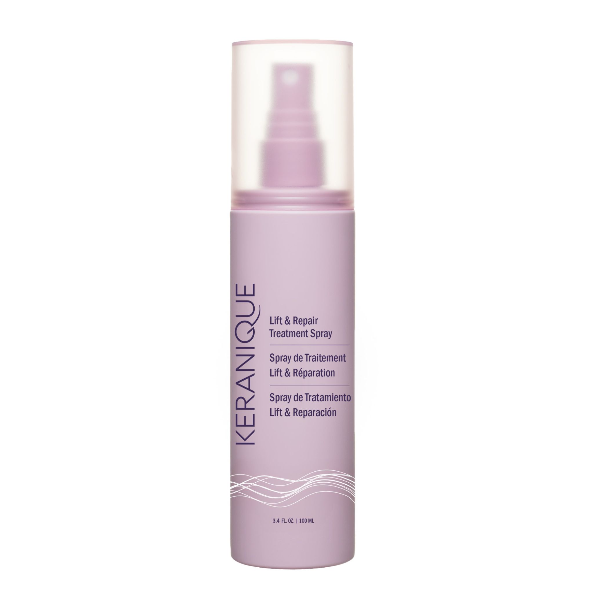 Cilindrische fles met verstuiver. Productnaam: Keranique Lift & Repair Treatment Spray. Lila tint, golfpatroon.