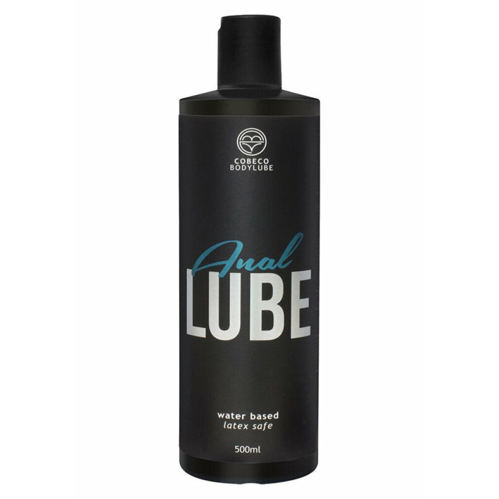 Flacon noir "Anal Lube". Marque Cobeco Bodylube. À base d'eau, sans latex. 500ml.