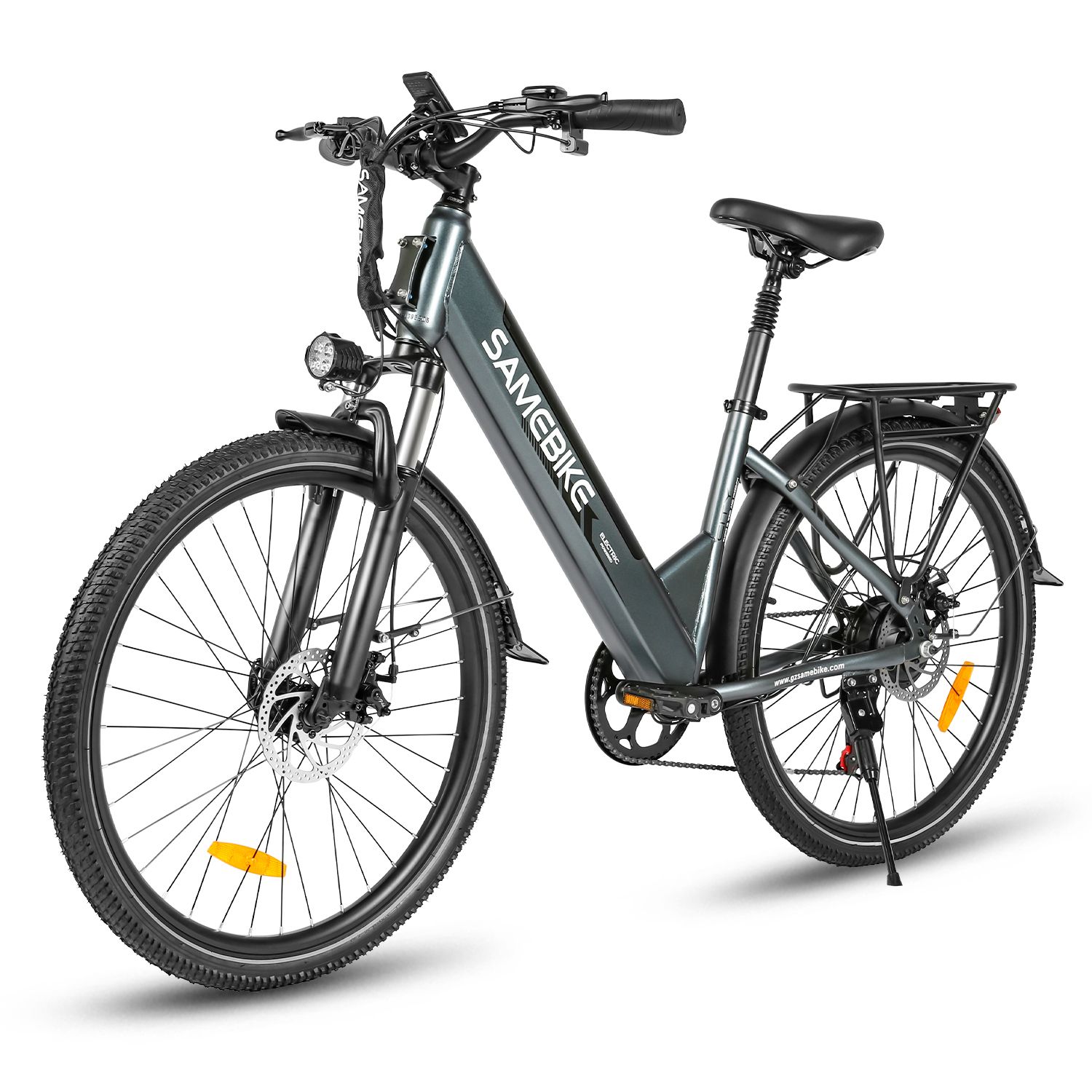 Vélo électrique SAMEBIKE RS-A01 Pro-T gris. Pneus, selle, guidon noirs. Phare avant. Porte-bagages. Vue de face.