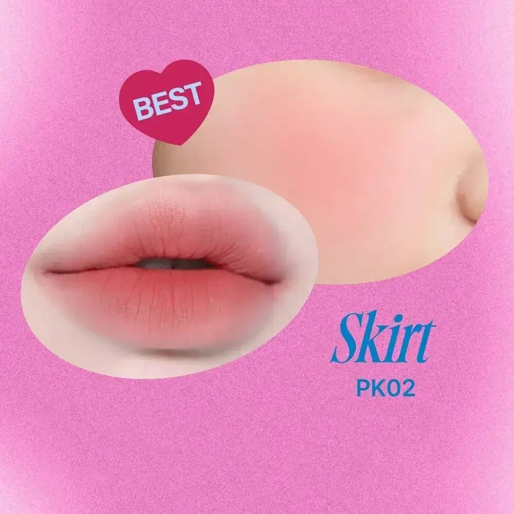 Roze lip- en wangkleur. Opschrift "Skirt PK02". Een hart met de tekst "BEST" is ook zichtbaar.