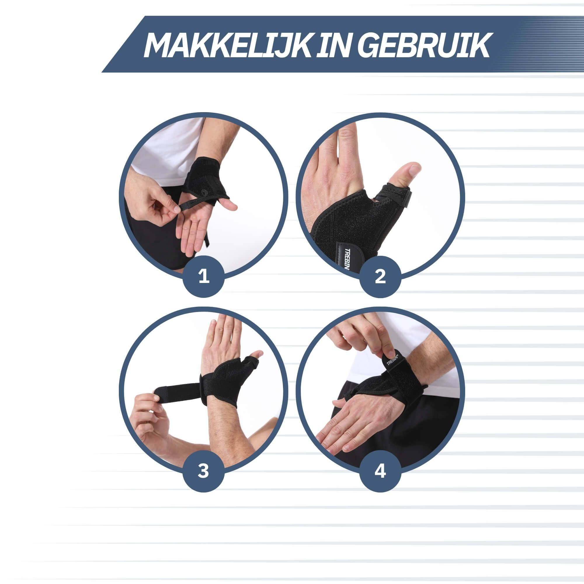 Details van een polsbrace: klittenband, naden, ademend.