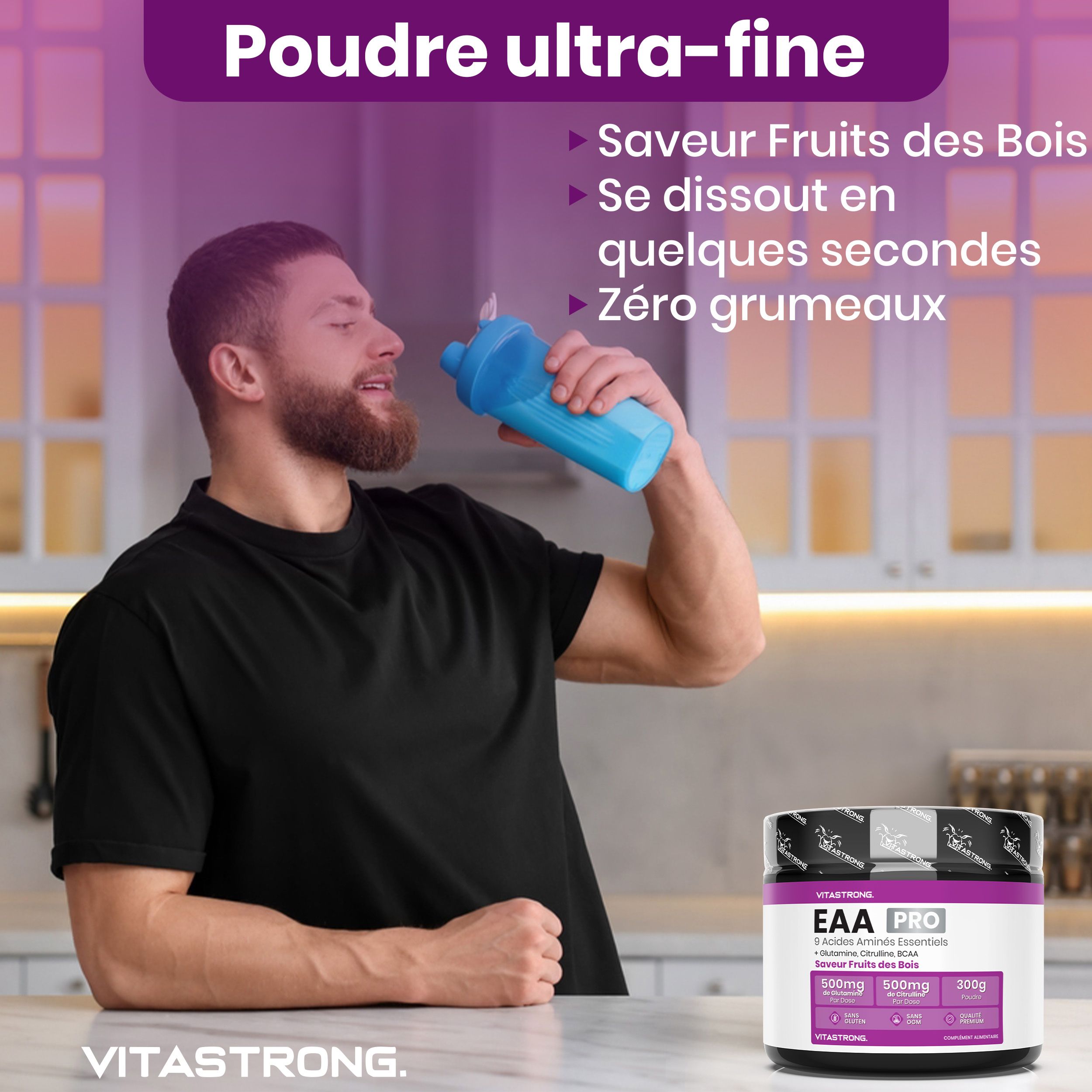 Vitastrong EAA Pro, pot. 9 essentiële aminozuren. Eén doel: uw groei. Gemaakt in Europa. Laboratorium getest.