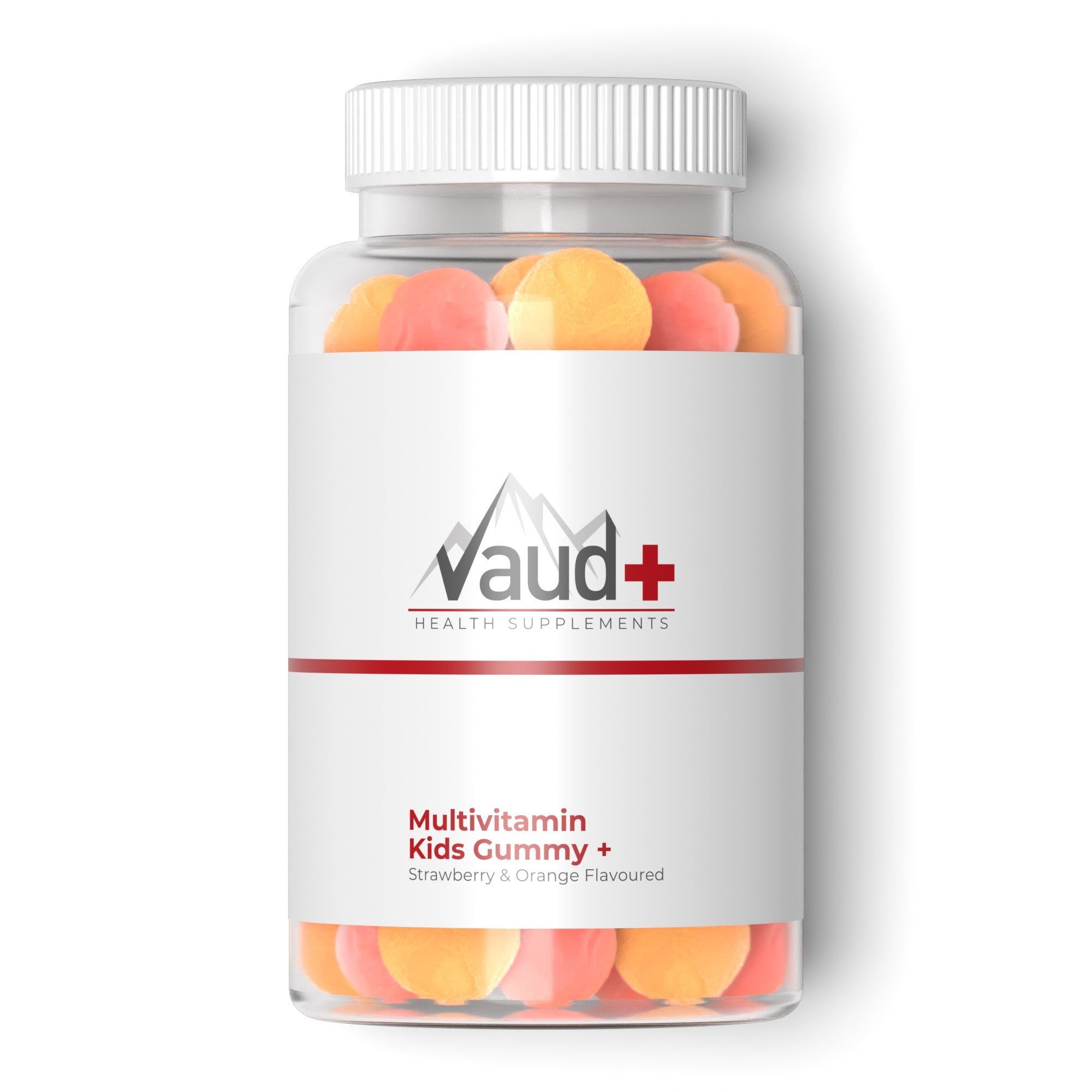 Pot met multivitamine gummies. Etiket met logo, productnaam en tekst. Witte dop.