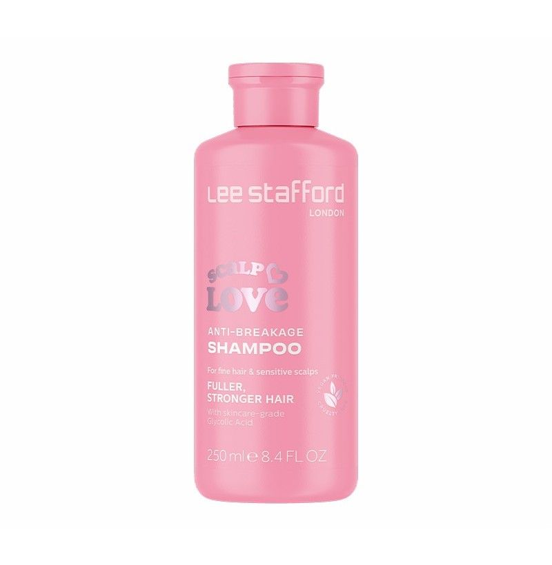 Flacon de shampooing rose avec l'inscription : Lee Stafford Scalp Love Anti-Breakage Shampoo.